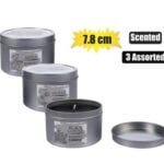 Candle in tin 7.8cm scented as std
