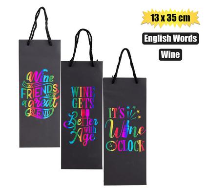 Gift-bag ppr wine eng words 13 x35cm blk